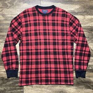 Polo Ralph Lauren Shirt Men's Medium Red Black Buffalo Plaid Waffle Knit Thermal